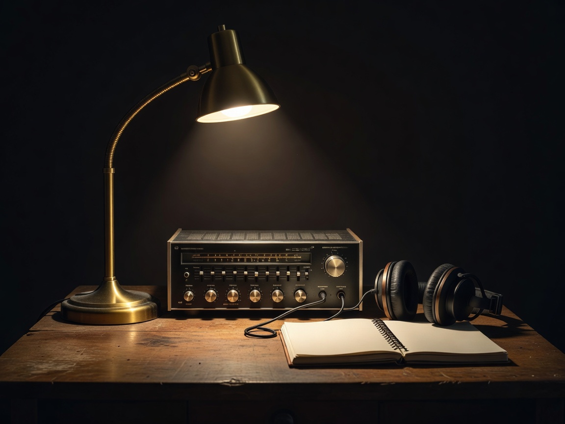 Home listening post with receiver, headphones and notebook lit by a single desk lamp