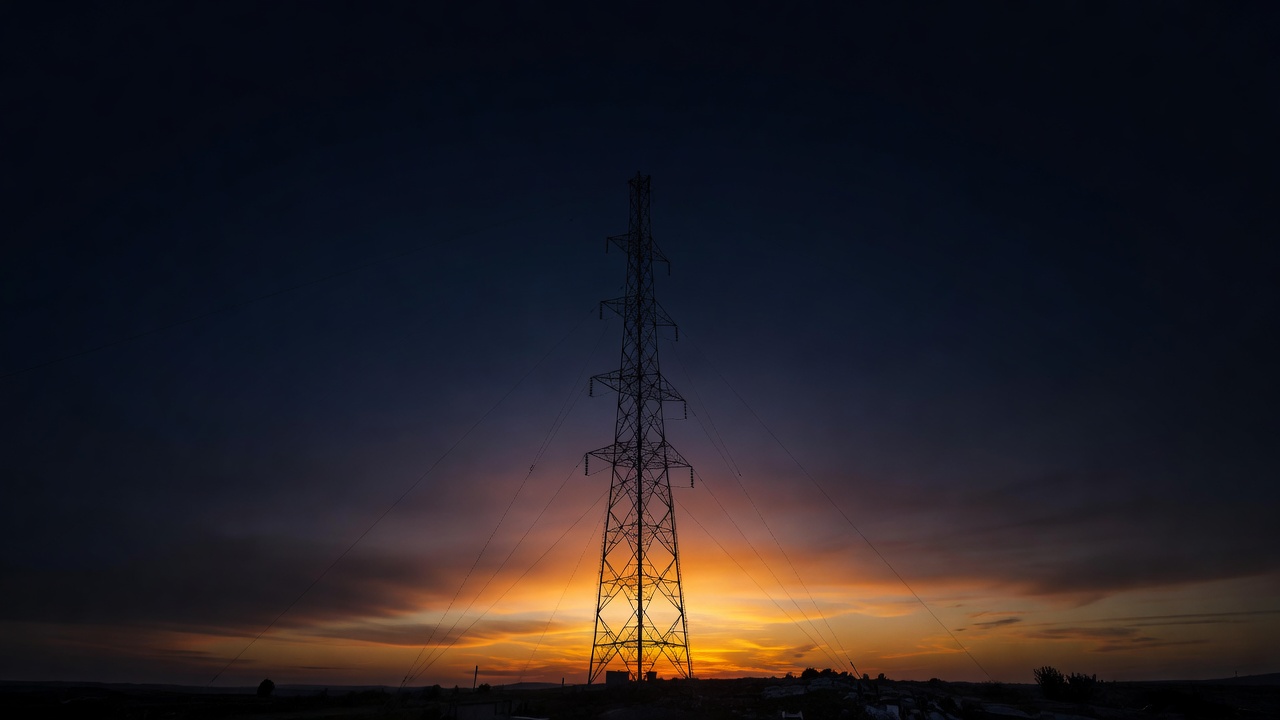 Silhouette of a radio antenna mast against a deep dusk sky