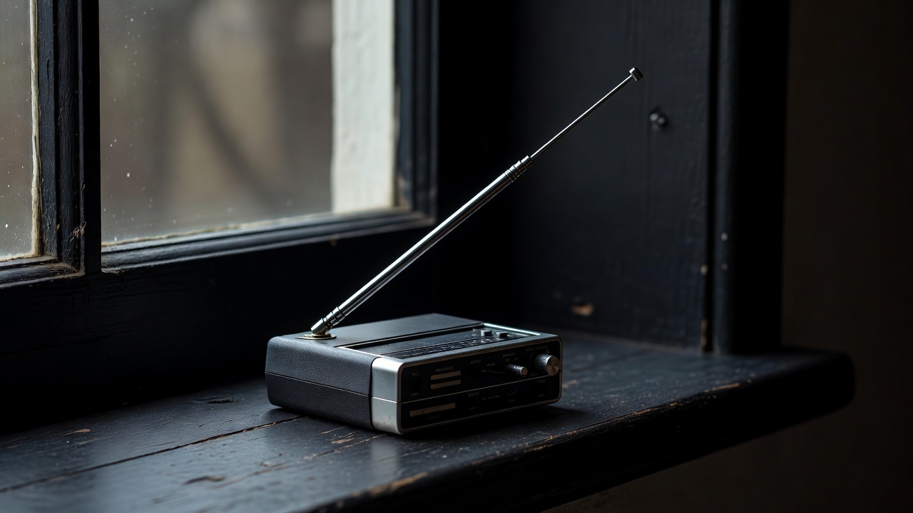 Portable shortwave receiver with extended telescopic antenna on a dark windowsill