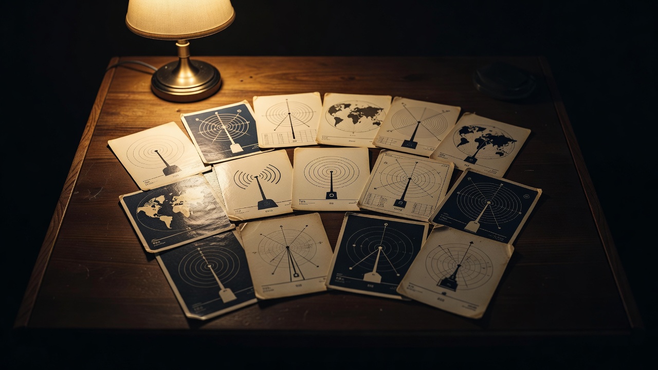 Collection of printed QSL verification cards spread on a desk under a single lamp