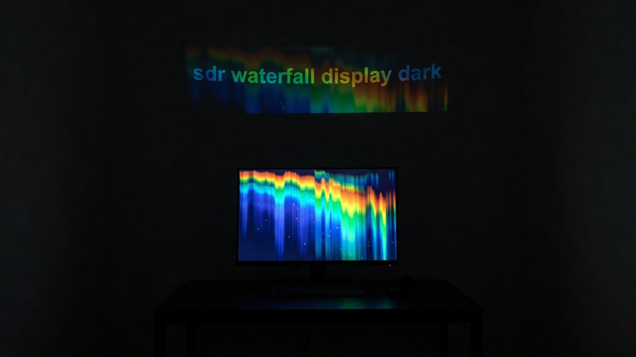 Software-defined radio waterfall display glowing on a monitor in a dark room